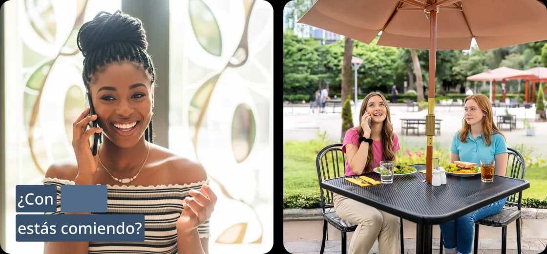 Capturas de la aplicación de Rosetta Stone que muestran actividades de lecciones breves sobre expresión oral, lectura, comprensión auditiva y escritura. En la pantalla aparece la frase en español "¿Con ... estás comiendo?".