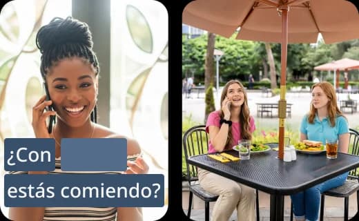 Capturas de la aplicación de Rosetta Stone que muestran actividades de lecciones breves sobre expresión oral, lectura, comprensión auditiva y escritura. En la pantalla aparece la frase en español "¿Con ... estás comiendo?".