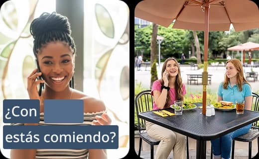 Capturas de la aplicación de Rosetta Stone que muestran actividades de lecciones breves sobre expresión oral, lectura, comprensión auditiva y escritura. En la pantalla aparece la frase en español "¿Con ... estás comiendo?".