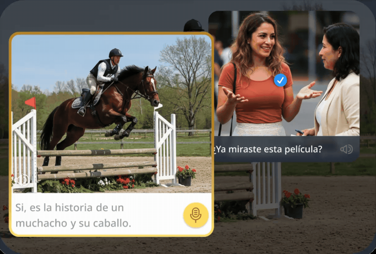 Un ejercicio de conversación. Muestra dos imágenes, en paralelo: un caballo saltando una valla y dos señoras hablando, con globos de diálogo en inglés. Simula una conversación con un hablante nativo.