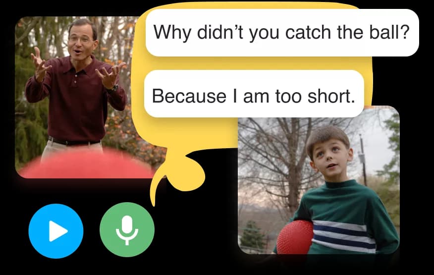 Imágenes de un hombre y un niño conversando sobre atrapar una pelota.