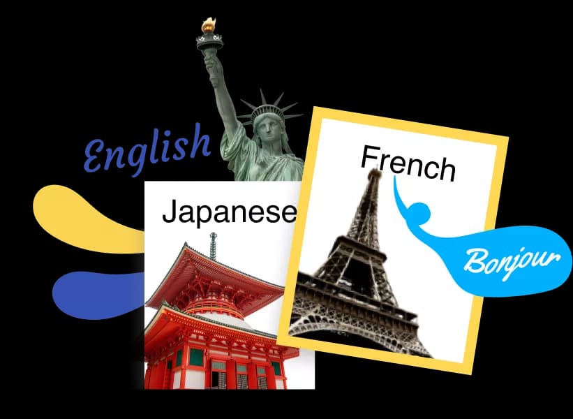 Mosaicos de selección de idioma de Rosetta Stone para inglés, japonés y francés.