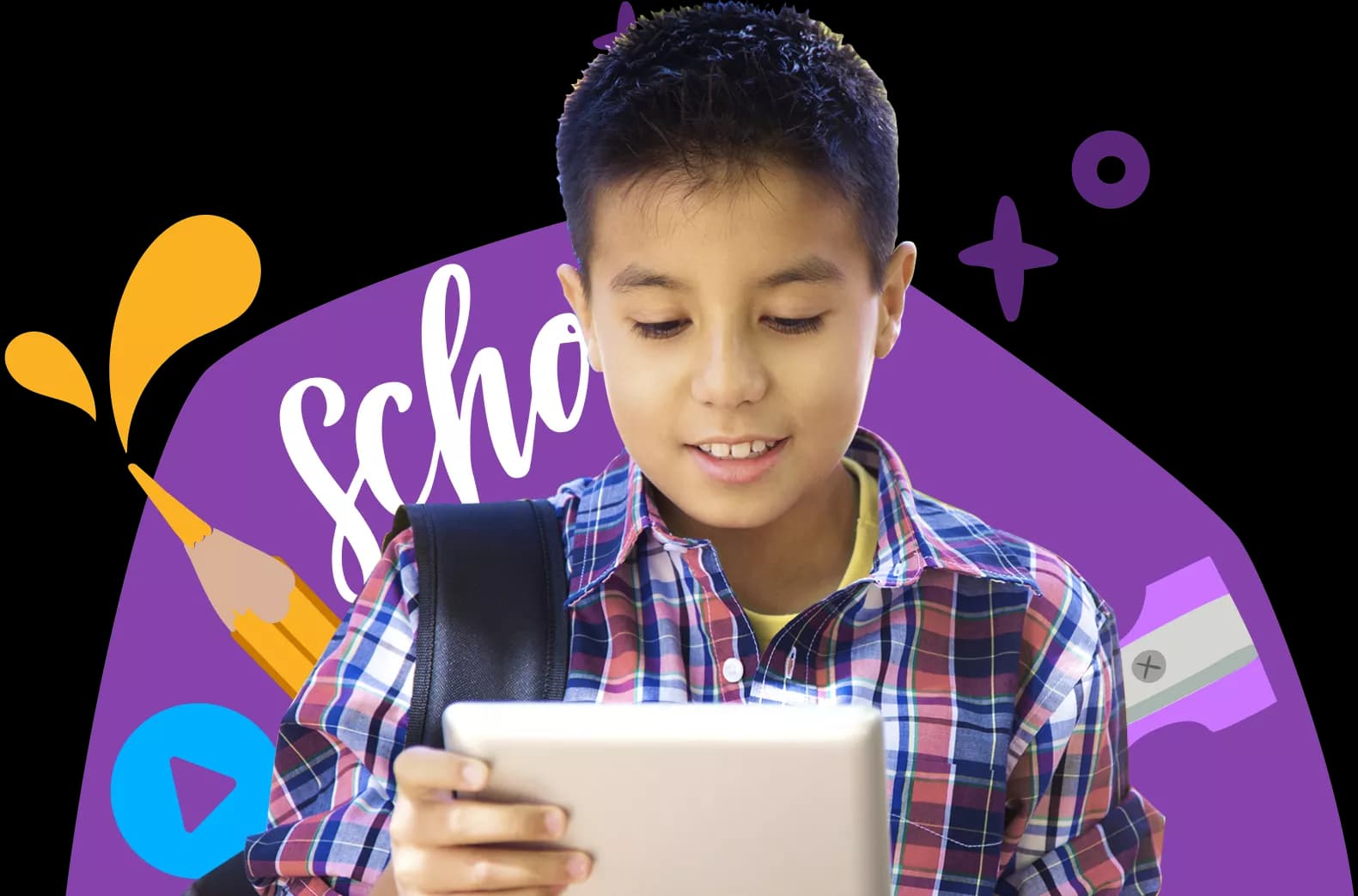 Un niño de primaria usando Rosetta Stone en una tableta.