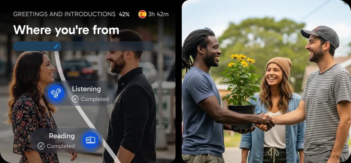 Interfaz de la aplicación de Rosetta Stone mostrando una lección de ¿De dónde eres?, con indicadores de progreso para comprensión auditiva y lectora. También, aparece una foto de personas conversando al aire libre.