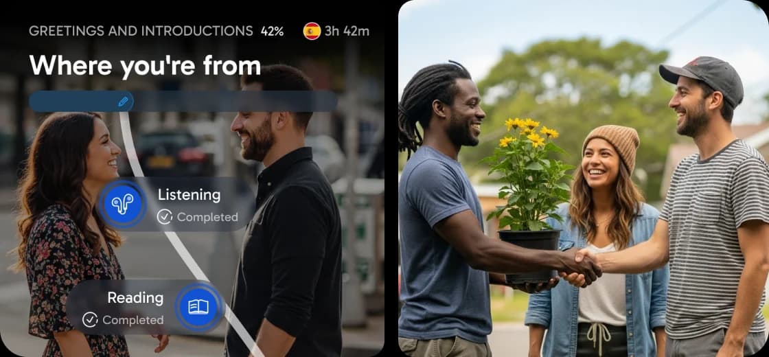 Interfaz de la aplicación de Rosetta Stone mostrando una lección de ¿De dónde eres?, con indicadores de progreso para comprensión auditiva y lectora. También, aparece una foto de personas conversando al aire libre.