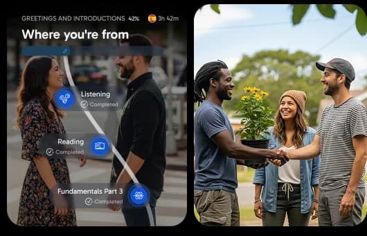 Interfaz de la aplicación de Rosetta Stone mostrando una lección de ¿De dónde eres?, con indicadores de progreso para comprensión auditiva y lectora. También, aparece una foto de personas conversando al aire libre.