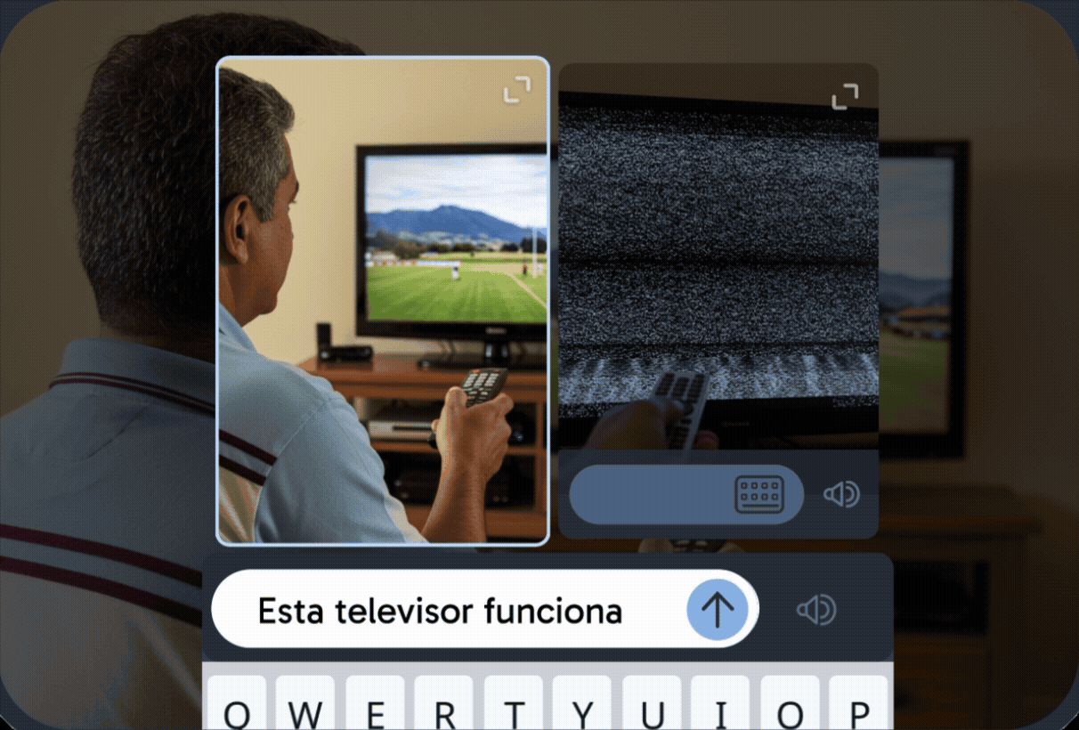 Un ejercicio de lectura y escritura que muestra a una persona viendo la tele, con un campo de entrada de texto y, debajo, un teclado para que el estudiante escriba una palabra o frase en su idioma de estudio.
