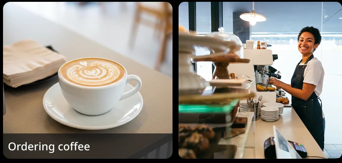 Dos imágenes en paralelo: una taza de café con arte latte y un barista en un mostrador. Representa una práctica de Rosetta Stone de cómo pedir un café.