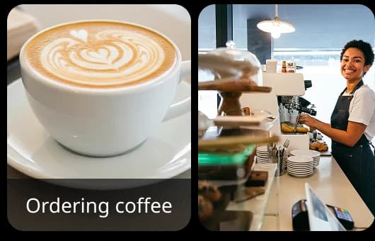 Dos imágenes en paralelo: una taza de café con arte latte y un barista en un mostrador. Representa una práctica de Rosetta Stone de cómo pedir un café.