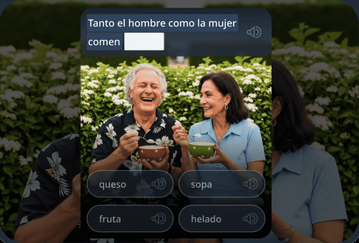 Un ejercicio de vocabulario que muestra a dos adultos mayores cenando al aire libre. Arriba, una frase en inglés para completar los huecos; abajo, distintas opciones de palabras. Enseña gramática en un contexto de la vida real.
