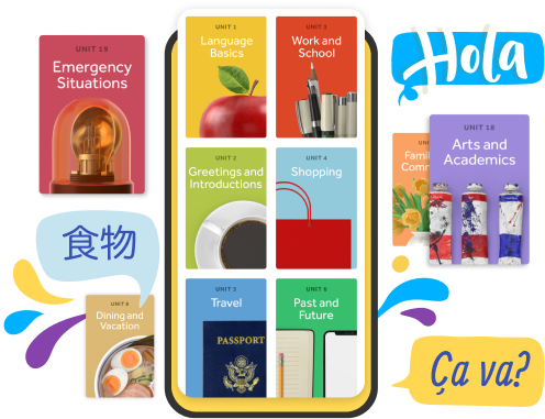 Pantalla de la aplicación Rosetta Stone que muestra varias secciones del curso