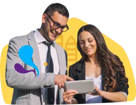 Un hombre y una mujer vestidos de negocios debajo del texto que dice Enterprise for business
