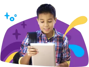 Un estudiante de primaria leyendo una tableta debajo del texto que dice Escuelas para aulas y distritos